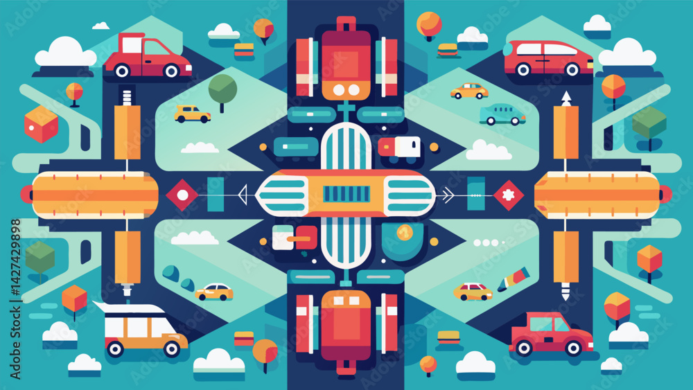 Poster beautiful symmetry is observed in the organization and layout of the site with different vehicles an