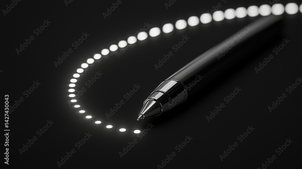 Poster close-up of a sleek pen creating a line of light on a dark background.