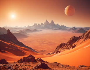 Naklejka premium Orange planet and gorgeous mountains in a futuristic landscape with a blurry background. sunrise over the mountains.