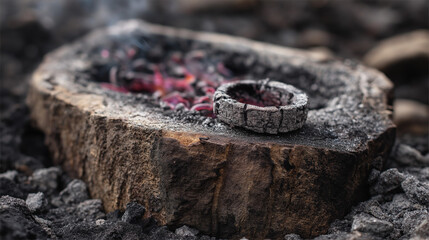 Rediscover Rustic Wilderness Charm at Collapsed Log Fire Ring with Smoldering Campfire Embers Radiating Glow
