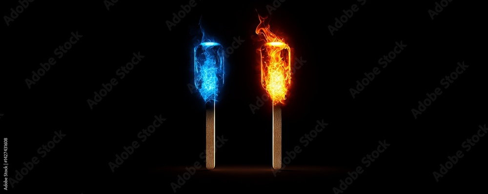 Poster conceptual image of contrasting flames representing duality and energy.