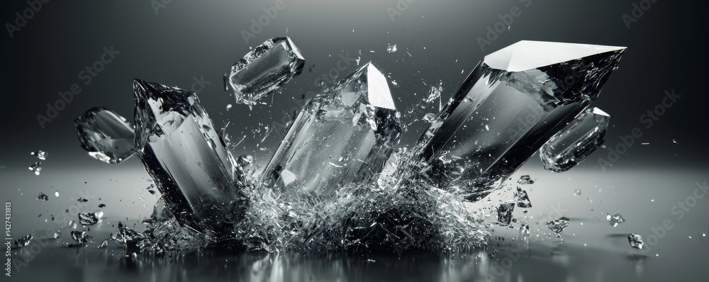 Poster crystals splashing in dynamic motion against a sleek, dark background.