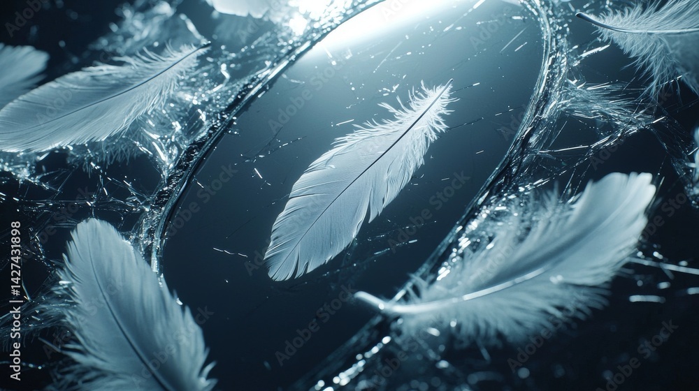 Poster delicate white feathers floating on a reflective surface, creating a serene atmosphere.