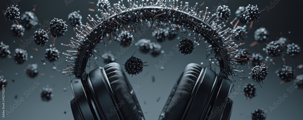 Poster dynamic composition of headphones with splash effects showcasing sound waves.