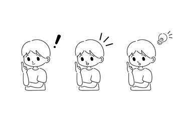 男の子のひらめき上半身ポーズ　白黒