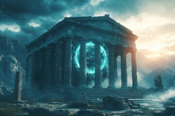 Obraz premium Elder temple surrounded by lush greenery, under a clear blue sky.