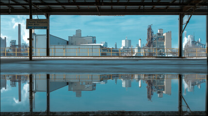 Fototapeta premium Explore Industrial Chic with Mirrored Sign Reflecting Factory Skyline Under Dramatic Urban Evening Light Panorama