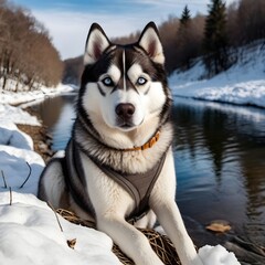 Naklejka premium Potrait of menance husky Dog having photo session near river, with forest in winter season background AI Generated Image