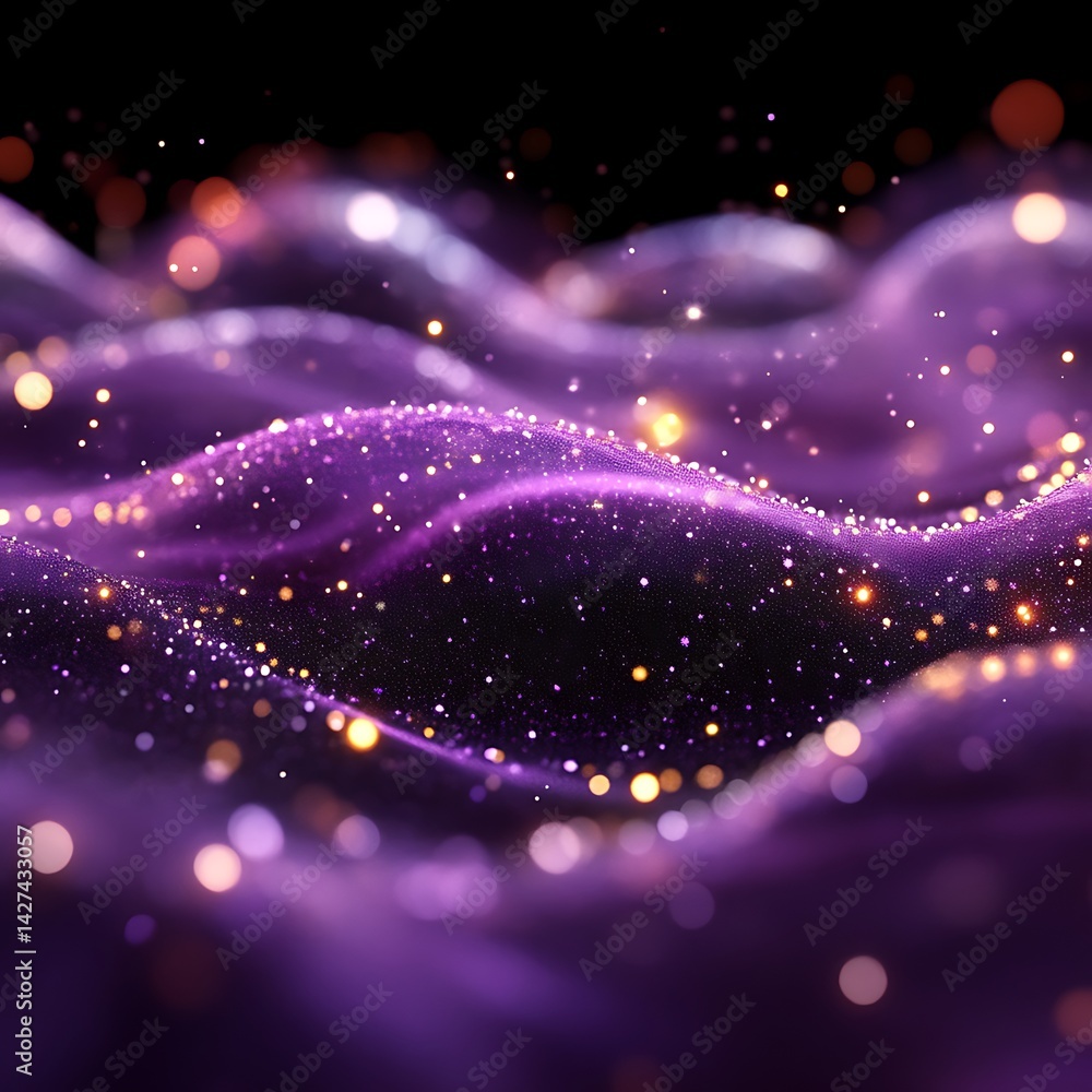 Poster abstract purple and gold particle waves. dynamic swirling patterns of glittering particles creating 
