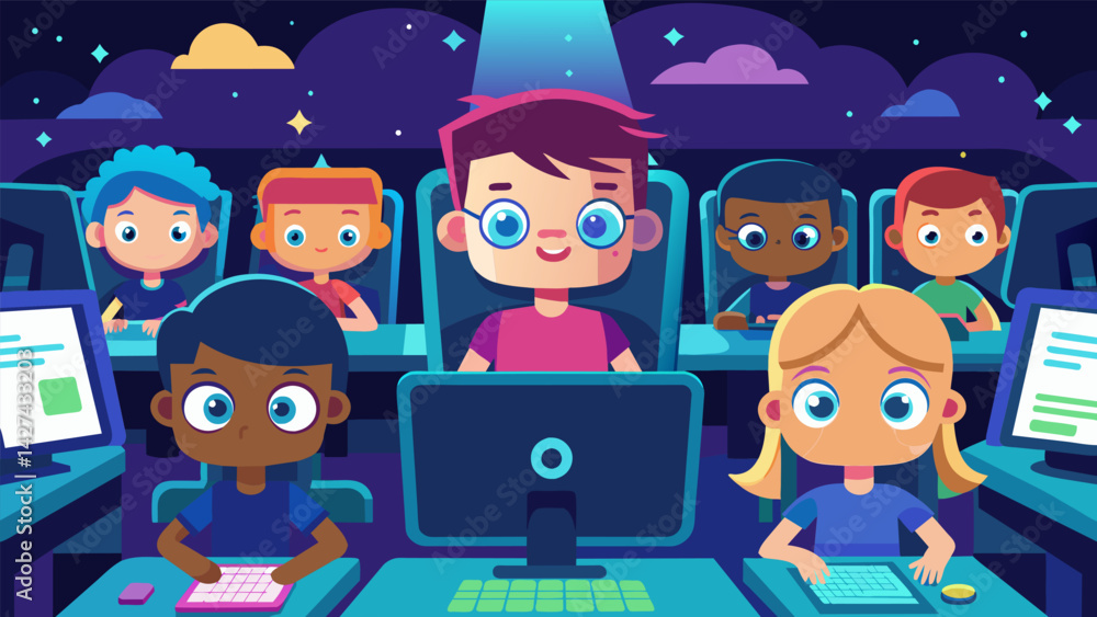 Poster a room full of brighteyed children their faces illuminated by the glow of computer screens as they d
