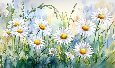 Fototapeta premium Watercolor white daisies in a wildflower meadow under a soft blue sky