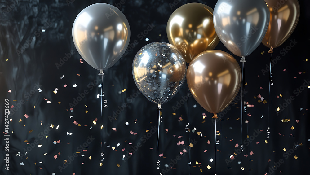 Poster realistic gold and silver helium balloons with sparse falling confetti on a dark background and soft