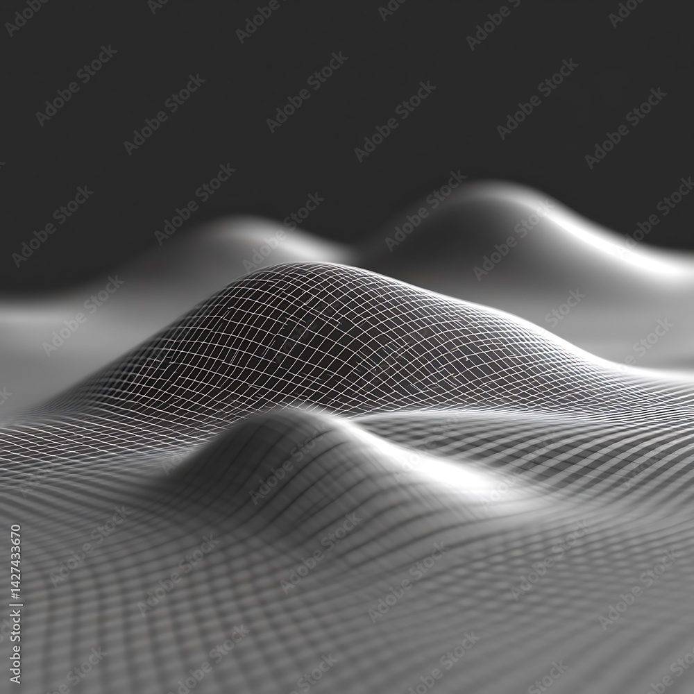 Poster abstract digital landscape. a grayscale, textured surface with undulating hills, suggesting a 3d rep
