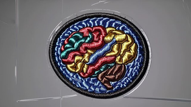 An embroidered patch depicting a colorful human brain is displayed in a clear plastic frame, highlighting artistry, mental health awareness, and the intricacies of human cognition.