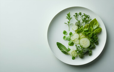 A fresh and vibrant arrangement of various green herbs and vegetables on a white plate, perfect for healthy cooking.