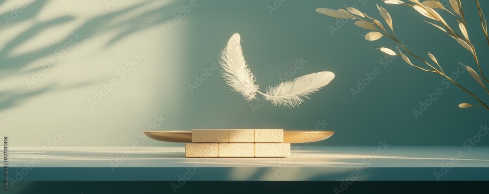 Poster Minimalist decor with floating feathers creating a serene and calming atmosphere.