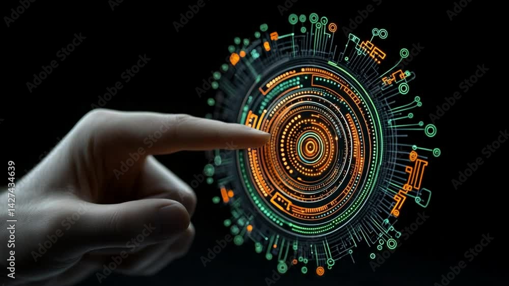 Poster futuristic hand interaction with advanced technology interface in dark background