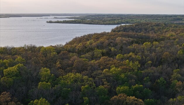 Aerial Drone Wide Angle Golden Hour Views of Hillsdale Lake from Above in Early Spring in Rural Miami County Kansas