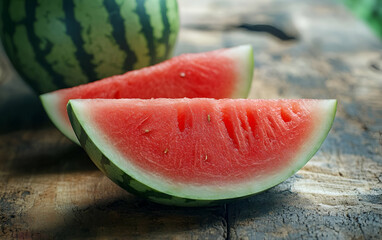 Freshly cut watermelon slices on a rustic wooden table, showcasing juicy red flesh and vibrant green rind.