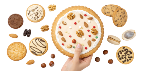 Sweet Treat Selection: An overhead shot presents a delectable assortment of cookies and pastries, showcasing a variety of shapes, sizes, and textures, each adorned with exquisite toppings and nuts.