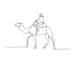 Person riding a camel outline drawing illustration. one continuous line drawing of tourist riding a camel.
