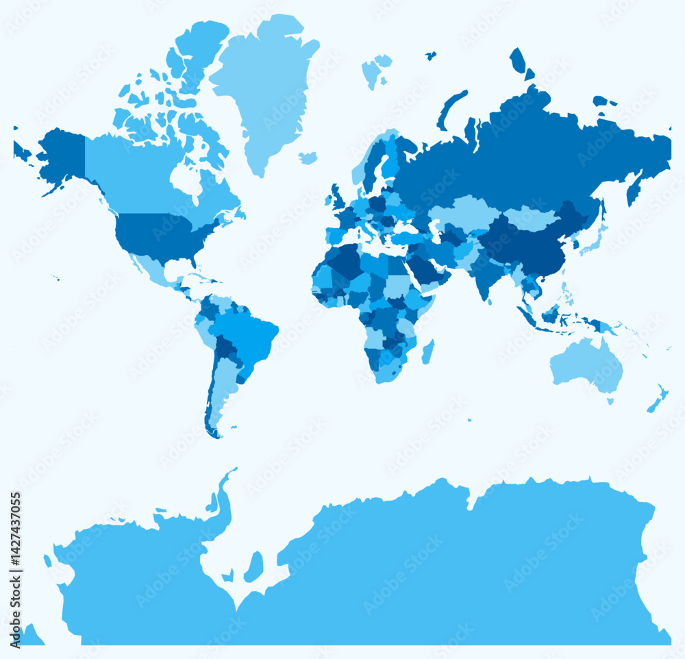 Poster map of world. just a simple border map with country division. light blue color palette. plain map wi