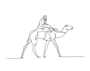 Person riding a camel outline drawing illustration. one continuous line drawing of tourist riding a camel.