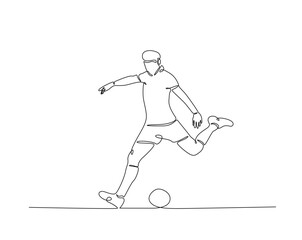 Football player kick the ball outline drawing illustration. one continuous line drawing of soccer player.