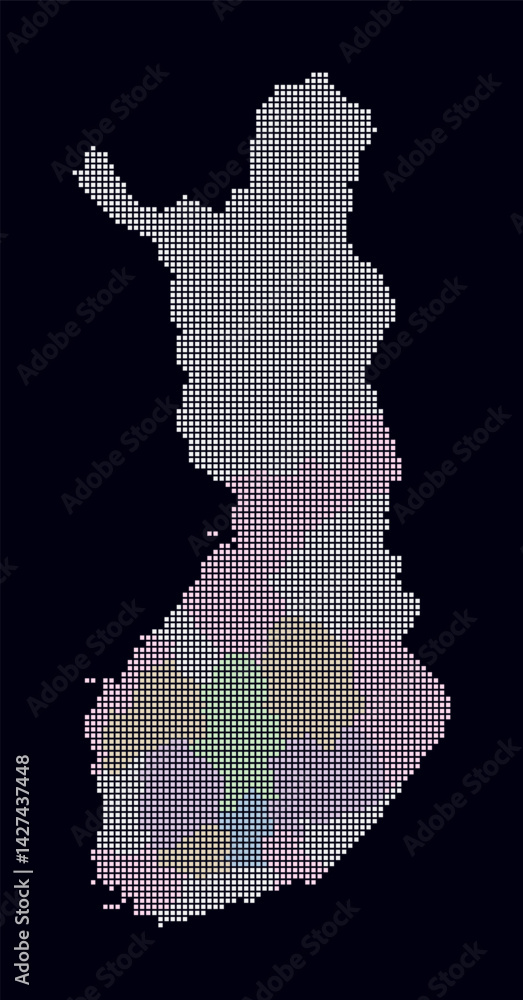 Poster finland dotted map. digital style map of the country on dark background. finland shape with square d