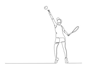 Female tennis player with racket outline drawing illustration. one continuous line drawing of tennis player hit the ball.