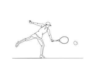 Female tennis player with racket outline drawing illustration. one continuous line drawing of tennis player hit the ball.