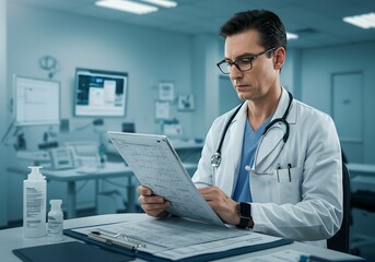 医療データを確認する専門医 — 病院内での真剣な診療シーン