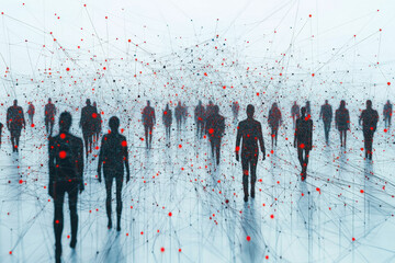 People connected by a network of red dots, symbolizing communication and relationships.