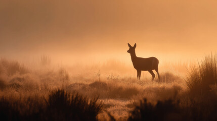 Naklejka premium Admire Silhouette of Deer Standing in a Misty Meadow at Sunset Against Soft Pastel Skies
