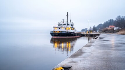 Fototapeta premium Misty harbor scene with vessel moored. A calm, tranquil morning at a harbor. The water reflects the ship, and the fog adds to the serene atmosphere. The ship is docked near a concrete pier