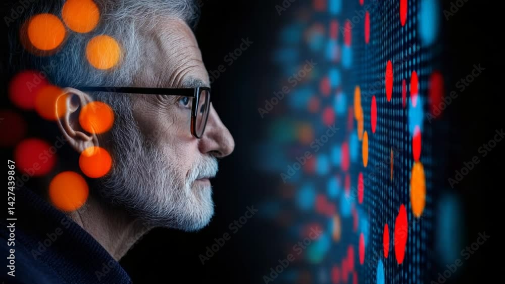 Poster elderly man analyzing colorful data points on digital screen in a dark environment