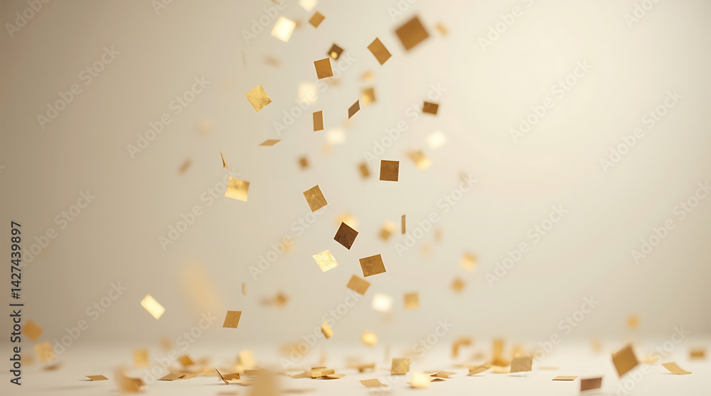 Poster slowly falling gold square confetti with minimal bokeh and natural contrast on a clean background wi