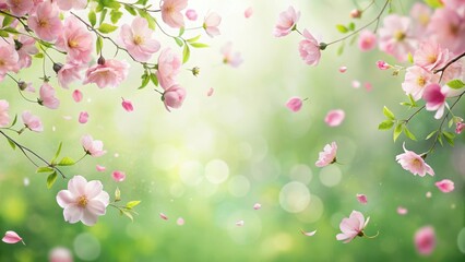 Fototapeta premium Delicate floral border of soft pink flying flowers and petals dancing in the air amidst lush greenery, border, delicate, border