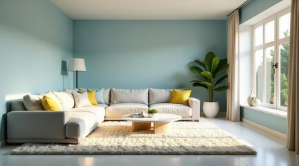 Serene living room interior design showcasing a light gray sectional sofa, fluffy rug, and large window with natural light streaming in, complemented by minimalist decor and a tranquil color palette