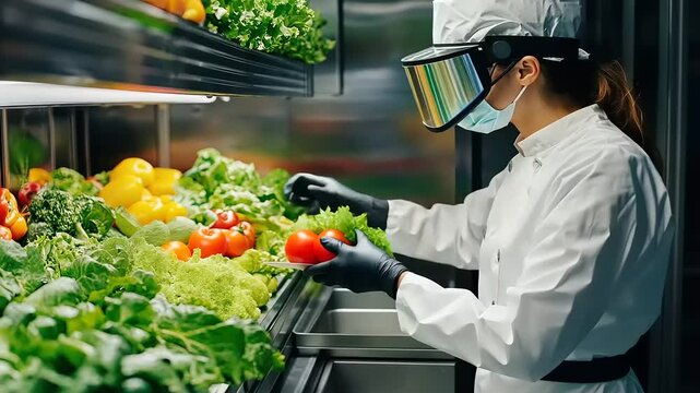 Chef prepares fresh, vibrant vegetables in a commercial kitchen with safety gear