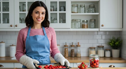 Woman in kitchen holding strawberries on baking sheet wearing oven mitts and blue apron smiling