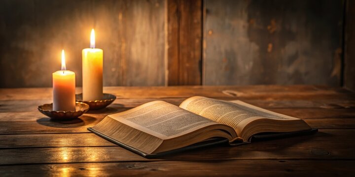 Bilingual Bible book on a wooden desk with a candlelight glow, study area, book,  study area, book, lit, language, desk