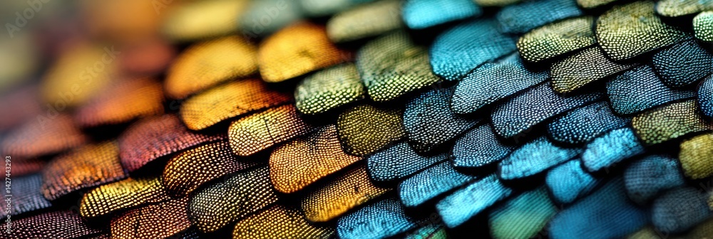 Aufkleber close-up of butterfly wing pattern showing iridescent scales in vibrant colors