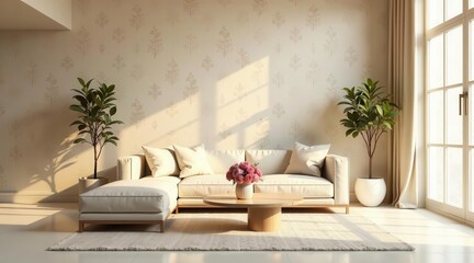 Serene Living Room Interior Design Featuring a Sectional Sofa, Coffee Table, and Lush Potted Plants, Bathed in Warm Sunlight
