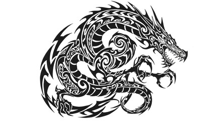 Stylized Dragon Tattoo Design in Black and White for Graphic Use