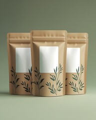 Eco-friendly kraft paper packaging pouch with blank label mockup, perfect for organic product branding, with minimal botanical design on a green studio background
