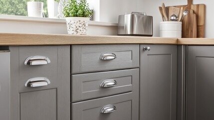 Gray kitchen cabinets with brushed metal handles.