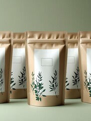 Eco-friendly kraft paper packaging pouch with blank label mockup, perfect for organic product branding, with minimal botanical design on a green studio background
