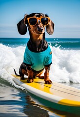 Dachshund Dog Surfing on Yellow Surfboard
