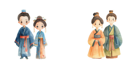 chinese couple wearing hanfu watercolor vector illustration